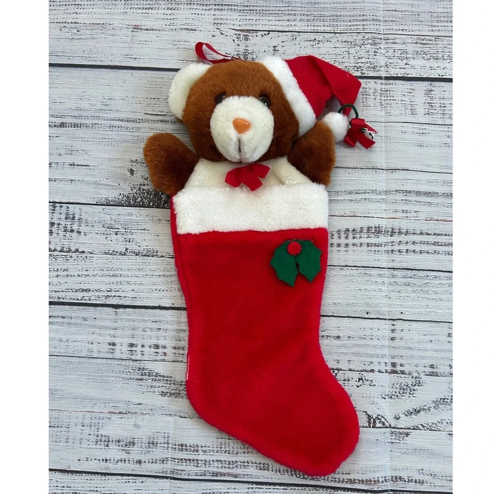 Christmas Teddy Bear‎ Vintage Stocking Red Santa Hat Plush Holiday Decor